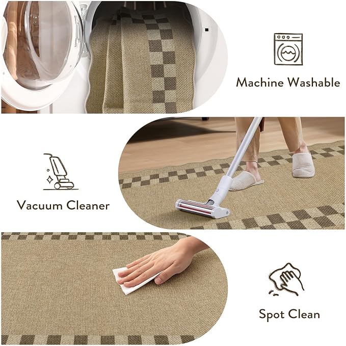 LIVEBOX Scalloped Easy Jute Checkered Runner Rug for Kitchen, Washable 2x8 Tan Rugs for Hallway Runner Entryway, Geometric Indoor Outdoor Non Slip Rug Farmhouse Modern Carpet Door Mat for Porch