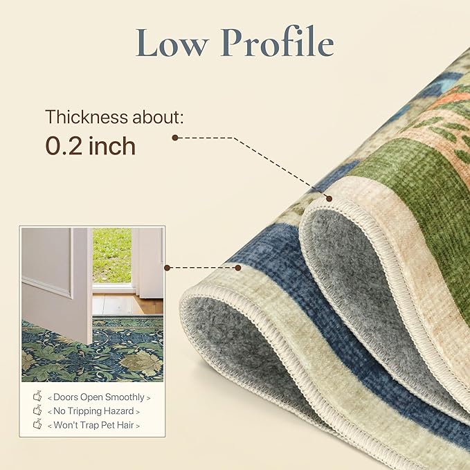 Bavni 3x5 Area Rugs, Floral Machine Washable Rugs for Living Room, Dinning Room, Bedroom, Non Slip Aesthetic Vintage Low Pile Durable Lightweight Farmhouse Rug, Tea Green/Blue