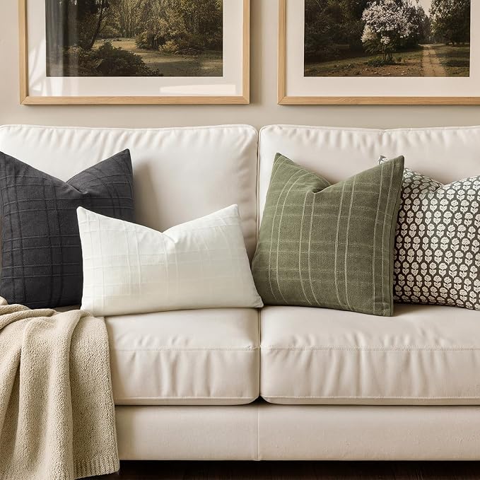 MIULEE Decorative Linen Check Throw Pillow Covers Neutral Farmhouse Vintage Spring Pillow Covers 18x18 Set of 2 Boho Modern Home Decor for Sofa Couch Bedroom Cushion Sage Green