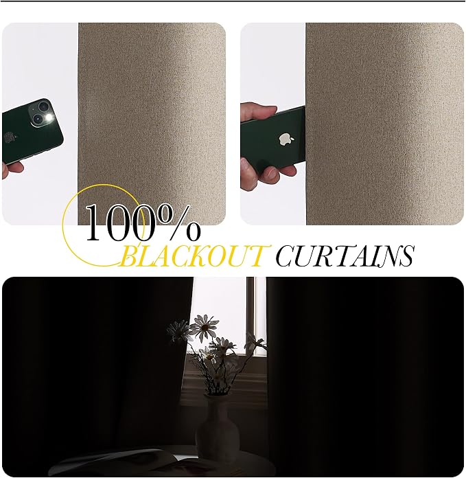 NICETOWN Vintage Faux Linen Weave Flax Thermal Curtains for Living Room, W52 x L84 in Per Panel, Set of 2, 100% Blackout Curtains for Bedroom, Window Treatments for Night Shift Workers, Taupe