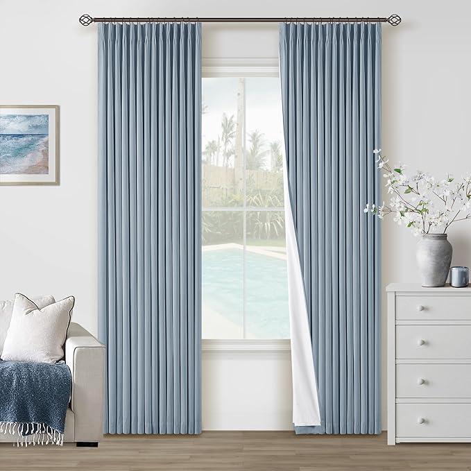 Dusty Blue Pinch Pleated 100% Blackout Linen Curtains for Bedroom 84 Inch Length Room Darkening with Liner Light Blue Window Curtains 84 Inches Long for Living Room Black Out Pleat Drapes Back Tab