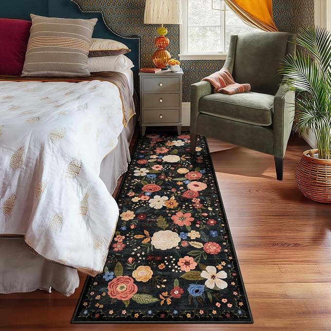 2x6 Machine Washable Runner Rug, Kitchen Hallway Area Rug Black Green Vintage Boho Floral Non-Slip Low Pile Soft Faux Wool Carpet Kids and Pets Friendly for Bedroom Entryway Nursery Home Decor Rug