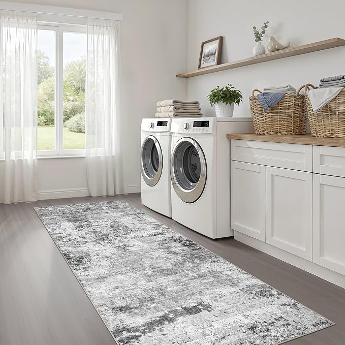 Runner Rug Non-Slip Kitchen Rug: 2x6 Washable Abstract Modern Soft Stain Resistant Indoor Floor Neutral Accent Throw Carpet for Hallway Bathroom Laundry Room Bedroom Entryway- Black Gray