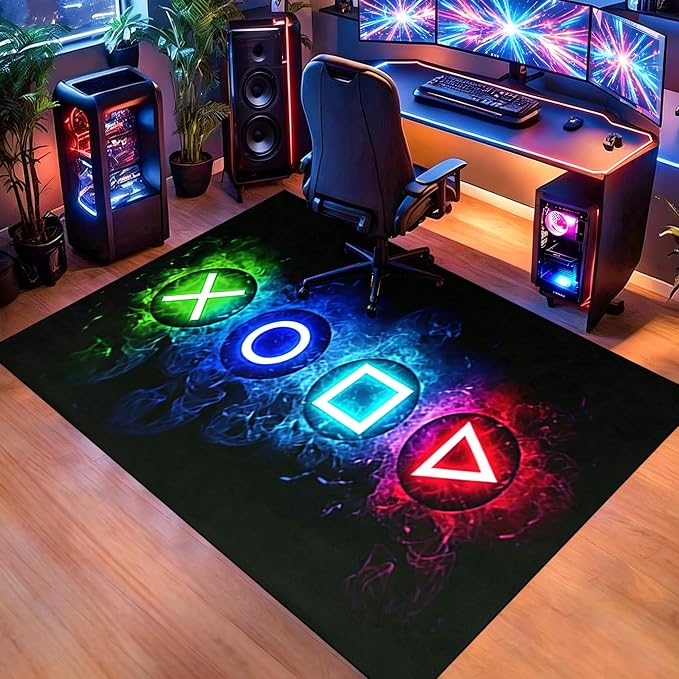 Games Area Rugs, Gamer Rug for Boy Cool Player Room Decor, Gaming Carpets for Boys Teens, Child Play Soft Floor Mat for Dining Living Room Sofa, Video Game Decor Decorate Doormats Black