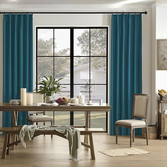 DUALIFE Dark Teal Blue Pinch Pleated Blackout Curtains 102 Inches Long, Back Tab with Hooks, Linen Full Black Out Thermal Insulated Track Curtain for Bedroom Living Room,40 Wx102 L, 2 Panels