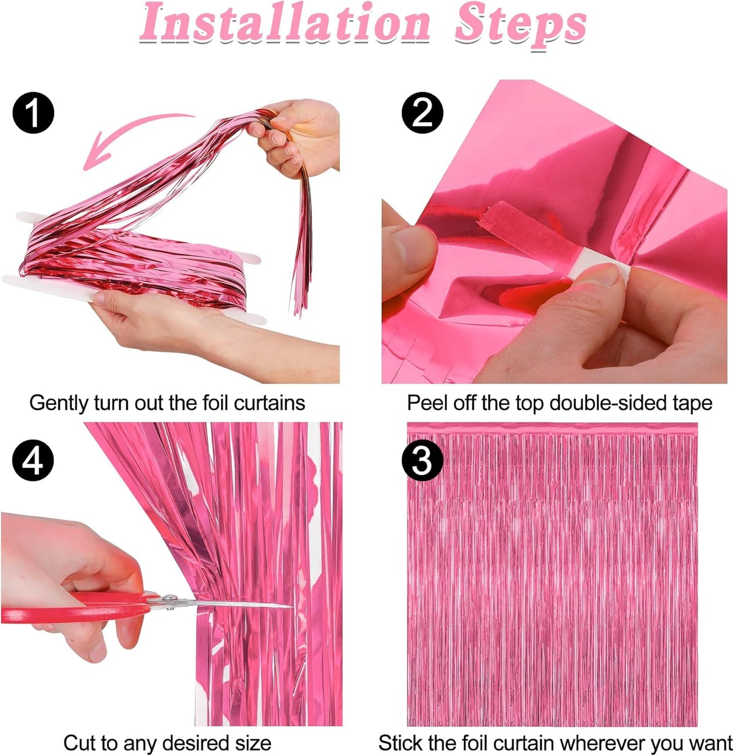 12 Pack Pink Backdrop, 3.28 FT x 7.05 FT Foil Fringe Curtains, Metallic Pink Tinsel Curtain Party Streamer Birthday Backdrop for Girl, Brithday Decorations Bachelorette Party Supplies