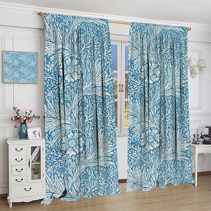 Bohe Vintage Floral Blackout Windows Curtains, William Morris Original Design Blue Flower Pattern Rod Pocket Curtains, for Living Room Bedroom 36(W)*63(L) 2 Panels