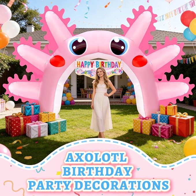 10x16FT Axolotl Inflatable Arch, Giant Pink Axolotl Birthday Party Backdrop Outdoor Yard Cartoon Archway Blow-Up Axolotl Decoration with 1Blower 3Banners for Summer Beach Pool Party Supplies