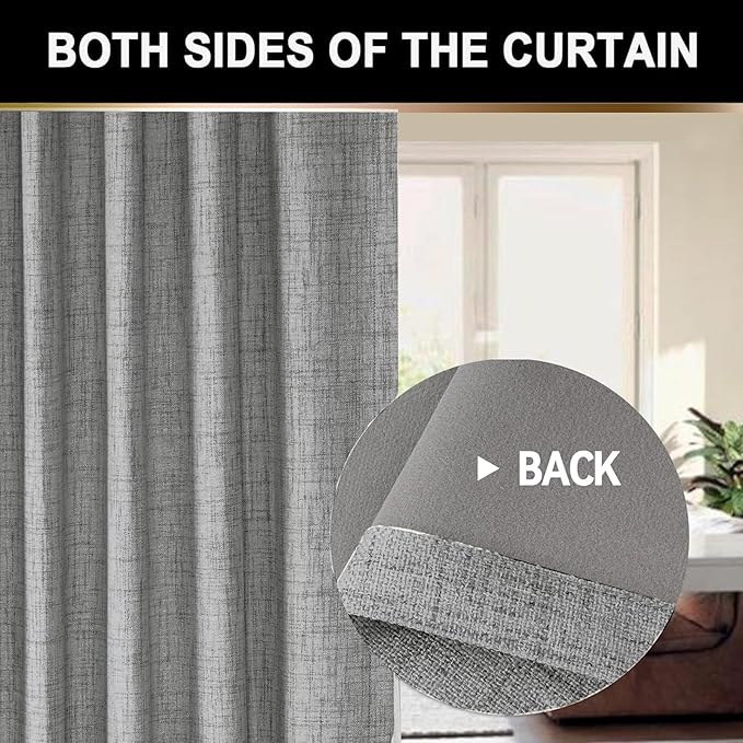 100% Blackout Shield Full Blackout Curtains for Bedroom 63 inch Length 2 Panels Set, Clip Rings/Rod Pocket Faux Linen Black Out Curtains for Living Room, Thermal Insulated, 50Wx63L, Grey