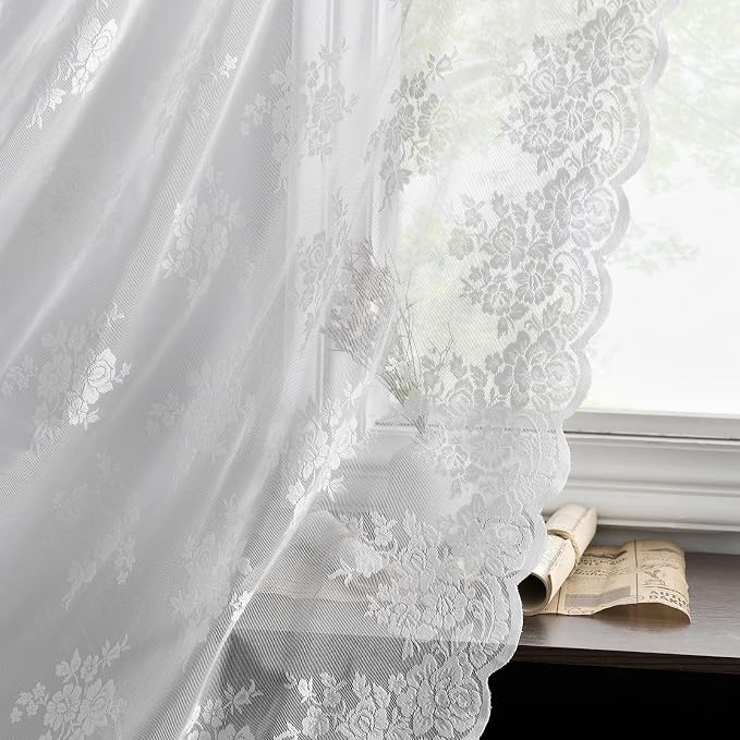 Kotile White Lace Curtains 63 Inch Length 2 Panels, Country Rustic Floral Design Sheer Lace Curtains for Bedroom, Rod Pocket Vintage Privacy Lace Window Panel Set, 42 x 63 Inch Each, White