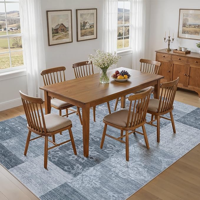 UERMEI 8x10 Area Rug for Living Room - Washable Vintage Carpet, Non-Slip Soft Large Indoor Floor Rugs for Bedroom Home Office & Under Dining Table Decor, Blue Block