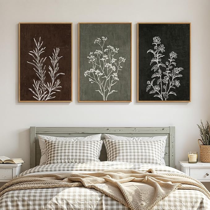 Framed Boho Botanical Wall Art for Living Room, 3 Piece Rustic Floral Canvas Painting Prints, Vintage Framhouse Minimalist Neutral Artwork For Bedroom Hallway Dining Room Wall Decor, 24 x 36 Inch