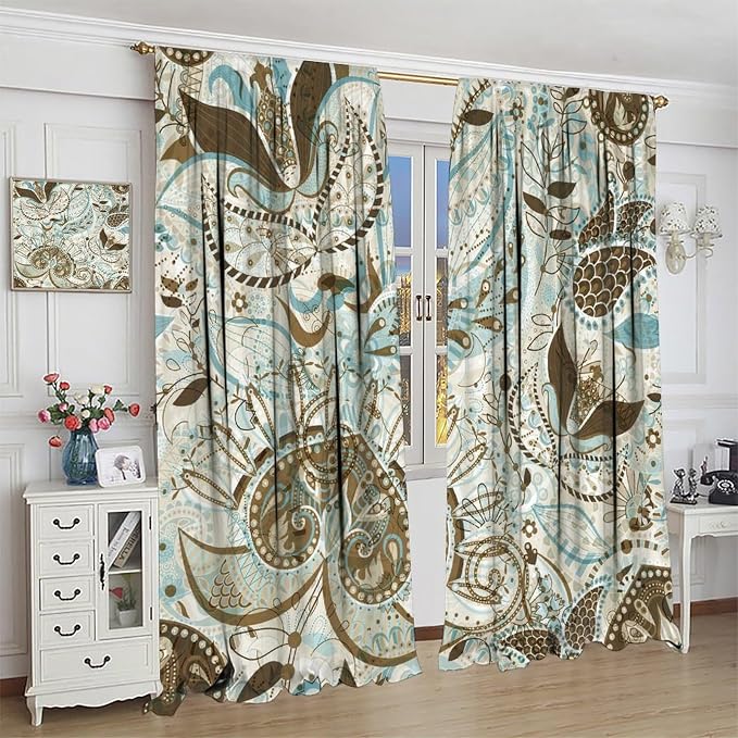 Boho Curtains, Peris Flower Print Pattern Home Window Treatments, Bedroom Living Room Kitchen Office Blackout Curtains84X84 Inch
