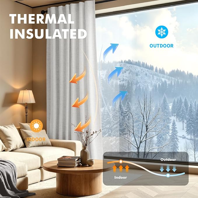 MIULEE 100% Blackout Linen Curtains for Bedroom, Heathered White Solid Luxury Decor Thermal Insulation Room Darkening Drapes for Living Room Back Tab Rod Pocket 42 x 63 Inches, 2 Panels