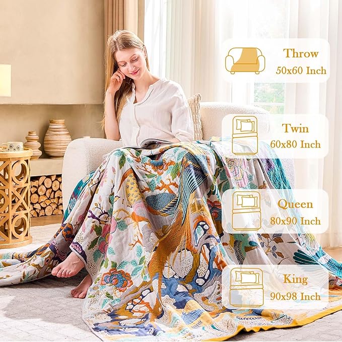 XIBLC Fall Throw Blanket for Couch, Yellow Boho Decorative Throw Blanket, 100% Cotton Muslin Breathable Woven Farmhouse Blankets Quilt, 50"x60" Reversible Lightweight Blankets Bohemian Throw Quilt