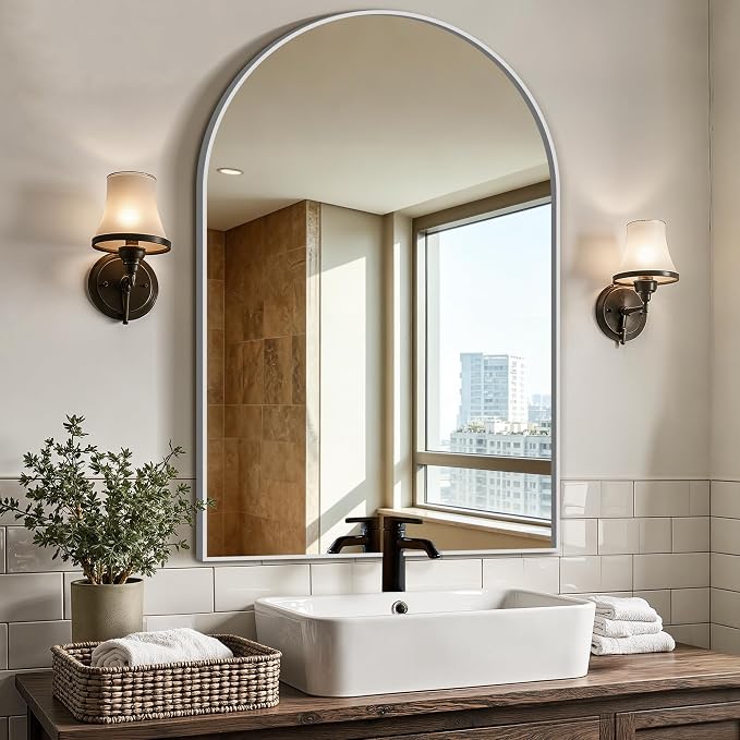 Bathroom Vanity Mirror for Wall, 36”x24” Arched Bathroom Mirror for Over Sink, Arched Metal Frame for Bedroom, Living Room, Entryway, Hanging or Leaning, Silver