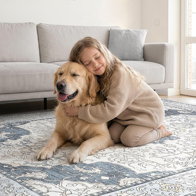 cotiled 6x9 Area Rug Machine Washable Vintage Carpet for Living Room Bedroom Soft Non-Slip Backing Floor Mat Kid & Pet Friendly Stain Resistant Light Blue