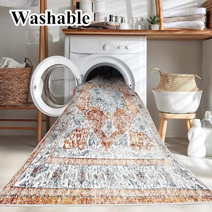 CHAMPLANT Area Rug 6x9 Washable Rug Tangerine Vintage Traditional Floor Cover Thin Retro Kitchen Indoor Distressed Non Slip Carpet Floral Print Mat Living Room Bedroom Dining Room