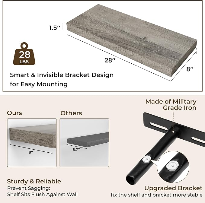 RICHFOCUS 28Inch Floating Shelves for Wall 2 Pack Shelves for Bedroom|Kitchen|Bathroom|Laundry Room Rustic Wood Wall Mounted Shelf with Invisible Brackets for Books|Storage|Decor, Grey