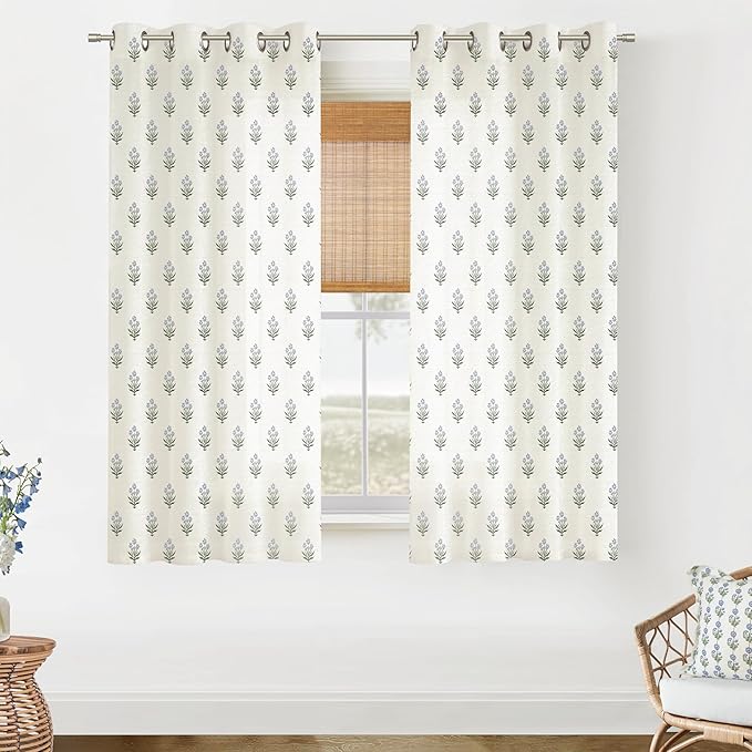 Lino Rosa 63 Inch Length Sheer Curtains for Living Room,Blue and Green Floral Window Curtain Drapes 63 Inches Long 2 Panels Set