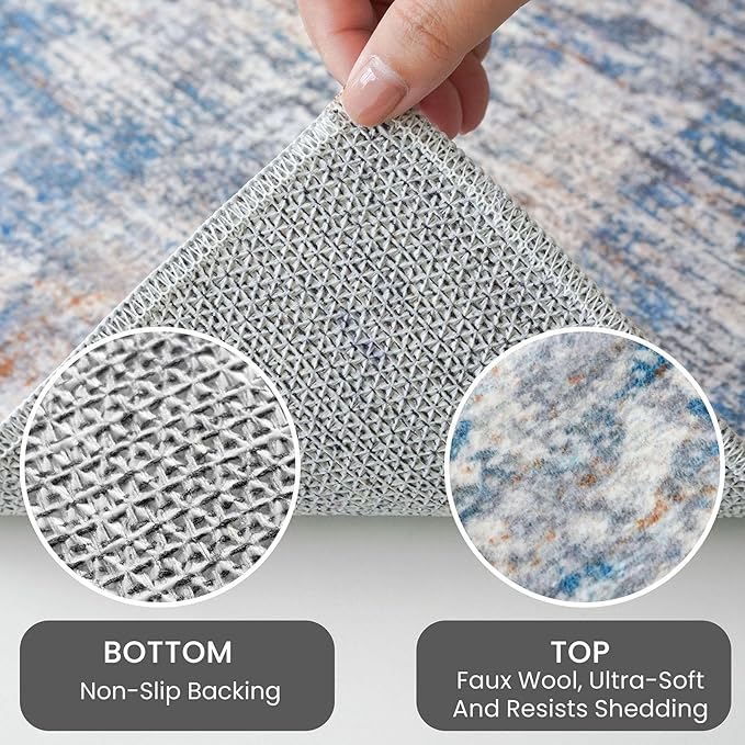 IOHOUZE Abstract Area Rug 4x6 Ft Washable Rugs for Entryway Indoor, Non Slip Small Living Room Rugs Printed Faux Wool Throw Rug, Floor Carpet for Kitchen Nursery Playroom, Blue Rust