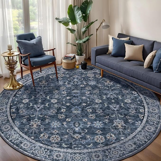 Tangsoo Vintage Round Rug 6ft Washable Circle Rug, Non Slip Boho Navy Blue Round Area Rug, Low Pile Floral Circular Rugs, Machine Washable Round Carpet for Bedroom,Living Room,Bedsides,Dorm,Office