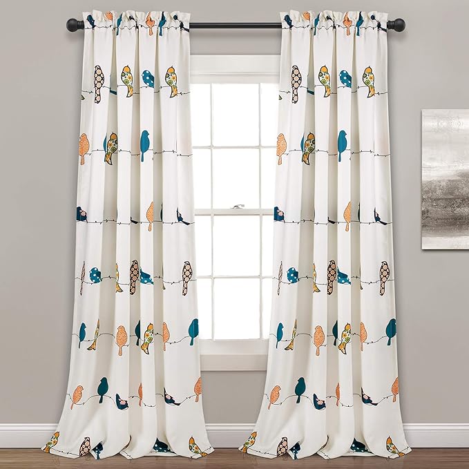 Lush Decor Rowley Birds Light Filtering Window Curtain Panels, Pair, 52" W x 95" L, Multi - Colorful Floral Print - Whimsical & Playful Bird Curtains For Bedroom, Living Room, Or Dining Room