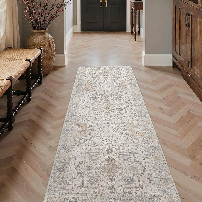 GENIMO Runner Rug 2'x6' Machine Washable Non Slip Vintage Hallway Runner Rug, Low Pile Lightweight Rugs for Indoor Entryway, Hallway, Kitchen and Corridor, Gray Brown