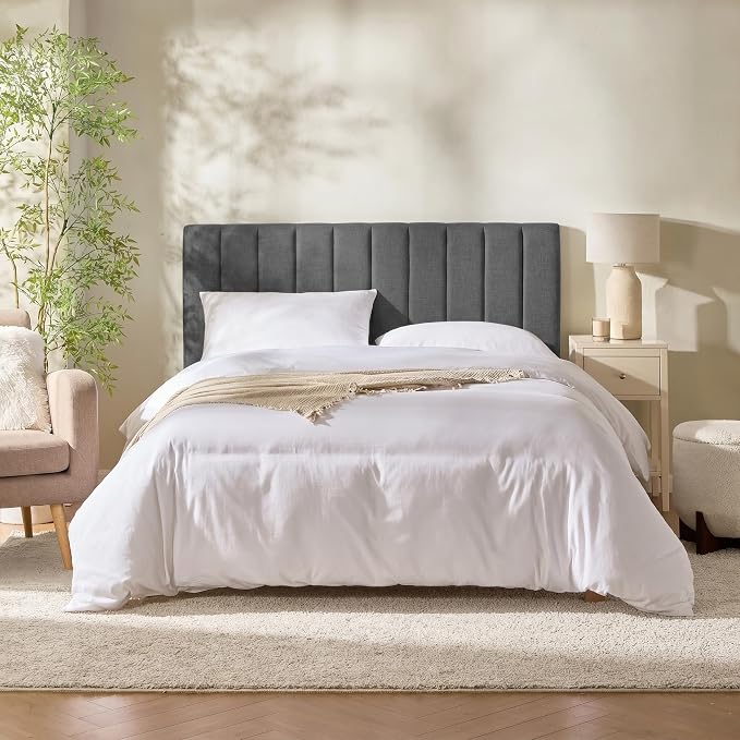 Hearth & Harbor Upholstered Twin Headboard - Easy Assemble Channel Stitched Headboard Twin Size - Wall Mounted Headboards with 3D Soundproof Wall Panels Peel & Stick Floating Headboards, Grey