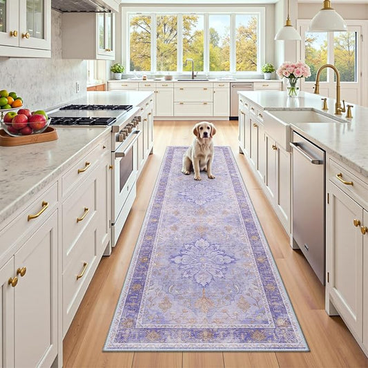 RELEANY Area Rugs Runner 2'6"x8' Washable Non-Slip, Floral Vintage Distress Medallion Carpet for Kitchen Hallway Bedroom Beside Laundry Room Bathroom, Light Purple Brown