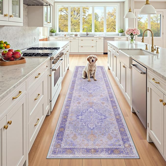RELEANY Area Rugs Runner 2'x8' Washable Non-Slip, Floral Vintage Distress Medallion Carpet for Kitchen Hallway Bedroom Beside Laundry Room Bathroom, Light Purple Brown