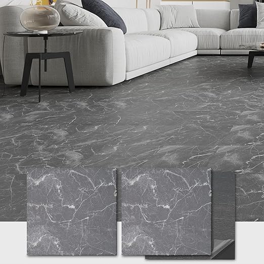 12" x 12" Peel and Stick Floor Tile, 10 Tiles Water-Resistant Vinyl Flooring, Black Crackle Marble Peel and Stick Tile for Kitchen, Bedroom, Self Adhesive DIY Floor Tiles