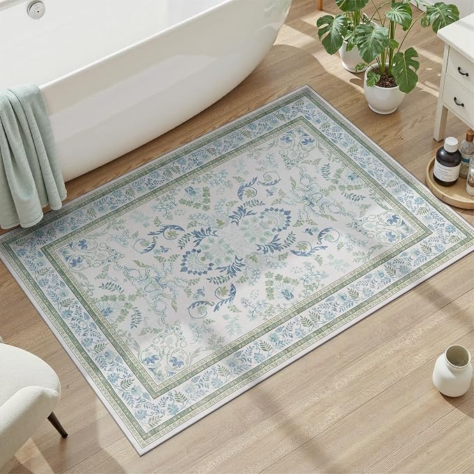 DCX Green 2x3 Entryway Rug, Kid & Pet Friendly with Rubber Back Non Slip, Machine Washable Stain Resistant Botanical Floral Rug for Bathroom, Kitchen, Soft Low Pile Small Carpet