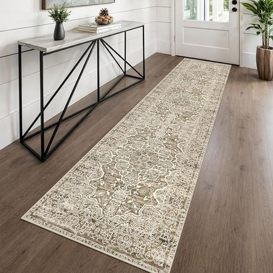 KUTA Hallways Runner Rug 2x8 Beige Brown, Vintage Floral Kitchen Rugs Non-Slip Washable Ultra Soft Printed Retro Distressed Flower Carpet Entryway Runners for Bedroom Nursery Hallways