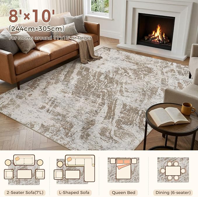 DMOYEST 8x10 Washable Area Rug: Abstract Modern Non-Slip Carpet, Soft Low Pile Indoor Neutral Easy Clean Floor Rugs for Living Room Bedroom Dining Room Kids & Pets - Brown