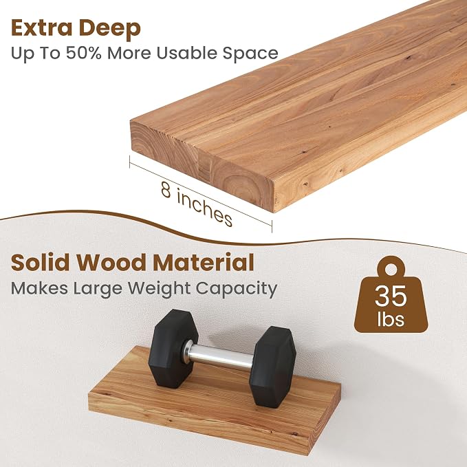 Floating Shelves for Wall, 8" Deep Rustic Solid Elm Wood Floating Shelves Wall Mounted, Wall Shelves with Invisible Bracket for Living Room Bedroom Bathroom Kitchen, 15.7 Inch Set of 2, Natural