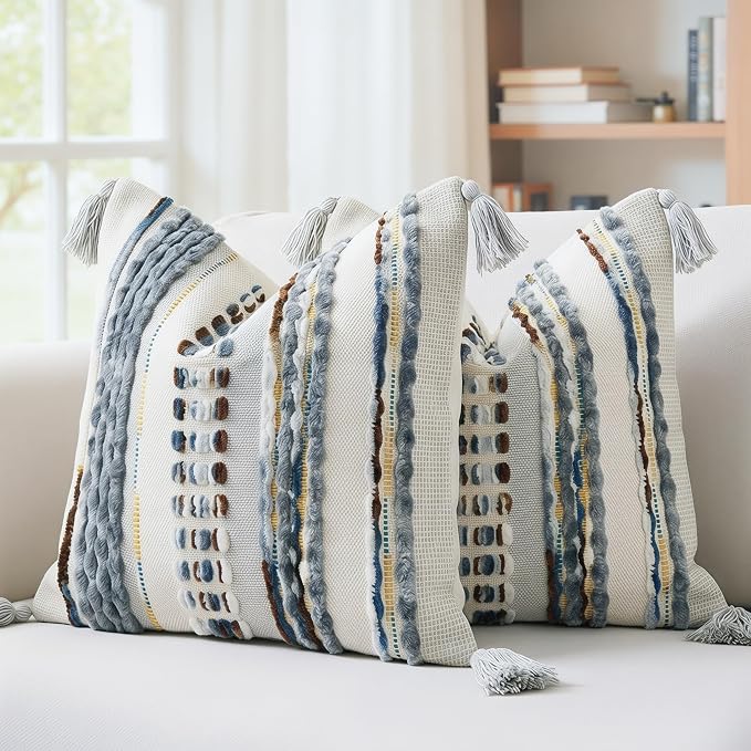 NUYECY Boho Throw Pillow Covers 16x16 Aesthetic Neutral Boucle Couch Pillow Cover Rainbow Striped Decorative Accent Pillow Case for Couch Bed Sofa Farmhouse,Modern Funky,Set of 2 Brown-Grey