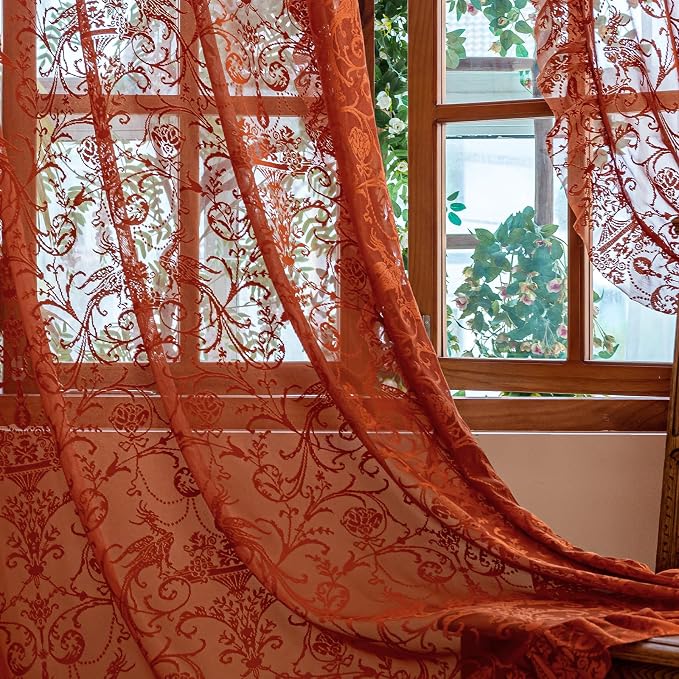 TUDECO Orange Kitchen Curtains 45 Inch Length 2 Panels - Funky Lace Ruffle Rust Sheer Curtains for Small Window, Boho Sheer Rod Pocket Privacy Short Cafe Curtain, 59W x 45L Inch, Terracotta