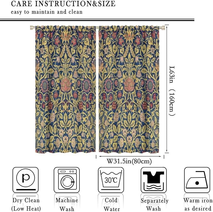 Retro Bohemian William Morris Plant Floral Blackout Window Curtains, Abstract Vintage Country Floral Leaf Pattern Print Window Drapes, for Bedroom Living Room 31.5(W)*63(L) 2 Panels