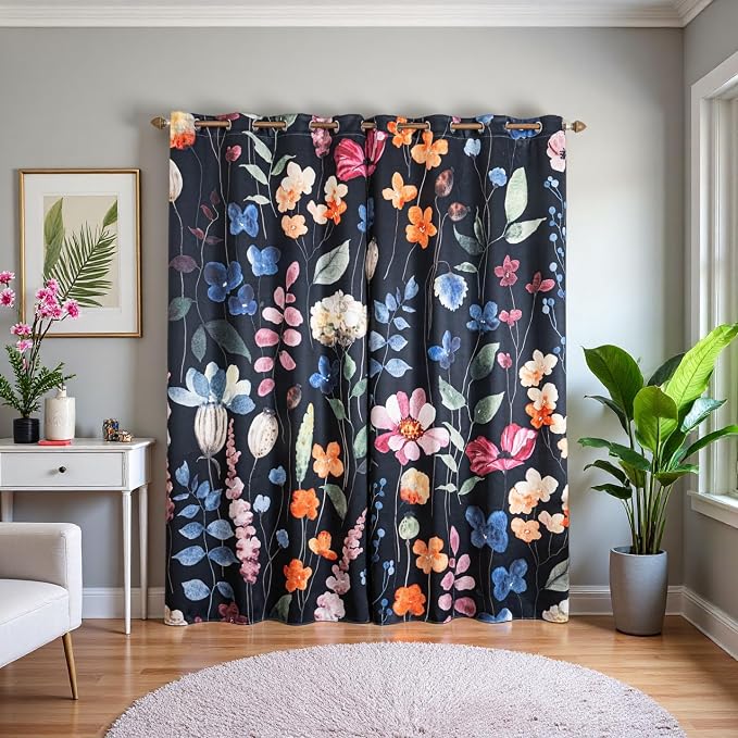 Floral Blackout Curtains 84 inch length 2 Panels Set Rustic Vintage Flowers Botanical Leaf Print Patterned Black Out Curtains Thermal Insulated Darkening Window Drapes for Bedroom Living Room 52x84 in