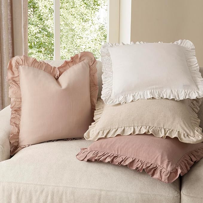 Foindtower Set of 2 Decorative Linen Fringe Ruffle Throw Pillow Covers Soft Boho Farmhouse Cushion Cover Cozy Accent Retro Pillowcase for Couch Sofa Bed Living Room Home Decor,20×20 Inch,Light Pink