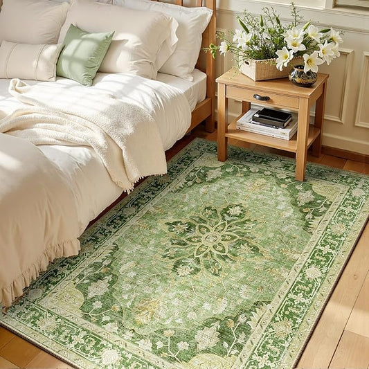 RELEANY Area Rugs 3'x5' Washable Non-Slip, Floral Vintage Distress Medallion Carpet for Living Room Bedroom Dining Room, Sage Green Yellow
