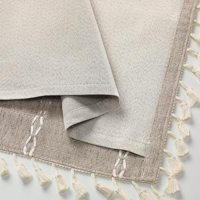 Khaki Brown Boho Blackout Curtains 90 Inches Long Brown Linen Blend 2 Panels with Tassels and Cotton Embroidery, Farmhouse Vintage Rustic Rod Pocket Drapes for Living Room or Bedroom