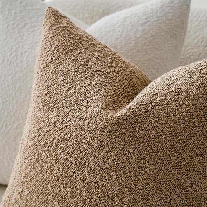 Foindtower Set of 2, Decorative Textured Boucle Throw Pillow Covers Accent Solid Pillow Cases Soft Cozy Couch Cushion Case for Chair Sofa Bedroom Living Room Home Decor 16 x 16 Inch Taupe Khaki Camel