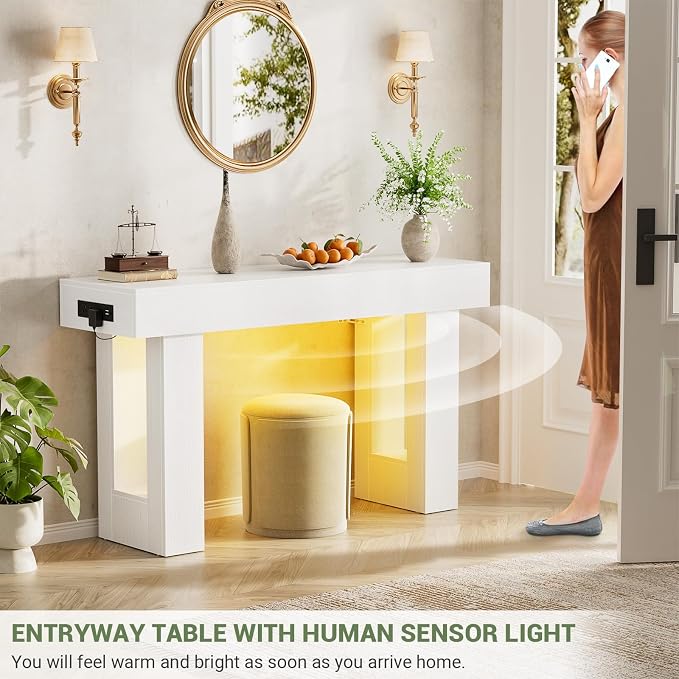 Unikito 47" Entryway Table with Socket and Sensor Light, Narrow Console Table with Storage Behind Couch, Farmhouse Entry Way Tables with Open Storage for Entrance/Hallway/Living Room, White