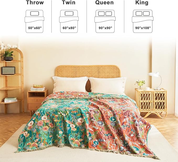 LUTBM Boho Throw Blanket for Couch Sofa Chair Cotton Spring Breathable Blankets for Bedroom Living Room All Season Soft Lightweight Reversible Floral Embroidery Throws 50"x60" Home Decor