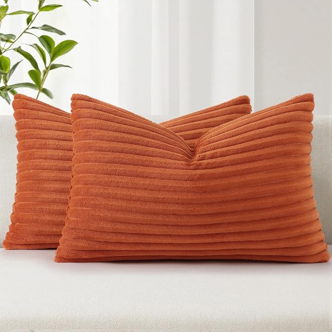 Simmore Decorative Fall Throw Pillow Covers 12x20 Set of 2, Soft Natural Plush Flannel Double-Sided Fluffy Rectangle Pillow Covers for Couch Sofa Living Room, Rust