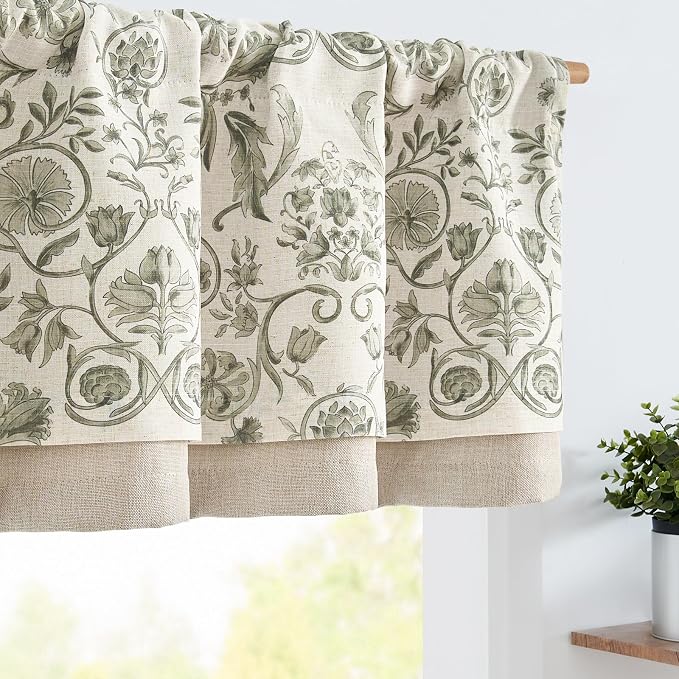 jinchan Linen Valance Kitchen Curtain Pack of 2 Double Layer 16 Inch for Living Room Bedroom Window Treatment Light Filtering Vintage Farmhouse Cottagecore Rod Pocket 2 Panels Green on Beige