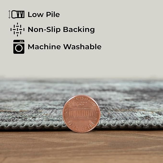 GLN Rugs Contemporary Collection - Machine Washable Area Rug, Contemporary Washable, Non Slip, Low Pile Chenille Rug, Living Room, Bedroom, Kitchen Rug (3' x 5' Grey/Green)