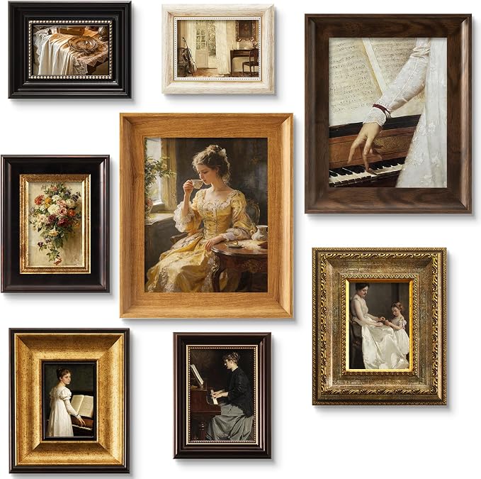 Lineshading 8 Pcs Picture Vintage Gallery Wall Frame Set Antique Picture Frame Collage Including 8x10, 5x7, 4x6 Baroque Victorian for Wall Tabletop Display Ornate Country for Bedroom Living Room